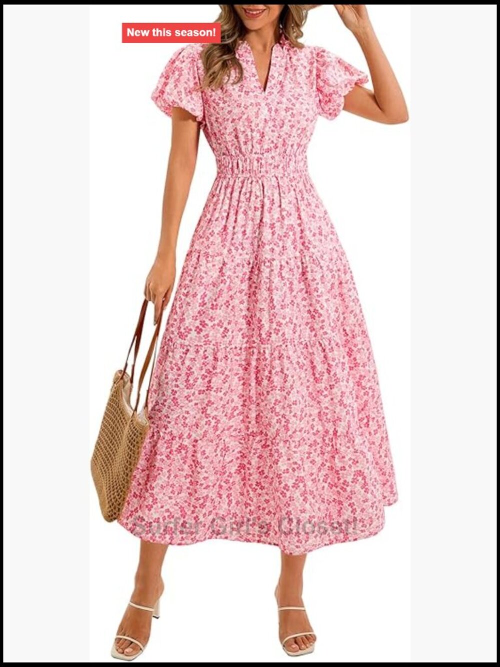 Women's V-Neck Floral Maxi Dress Short Puff Sleeve Smocked Boho Beach Dress - Picture 1 of 7